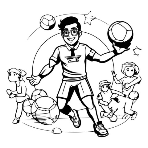 Soccer player with ball cartoon in black and white vector illust