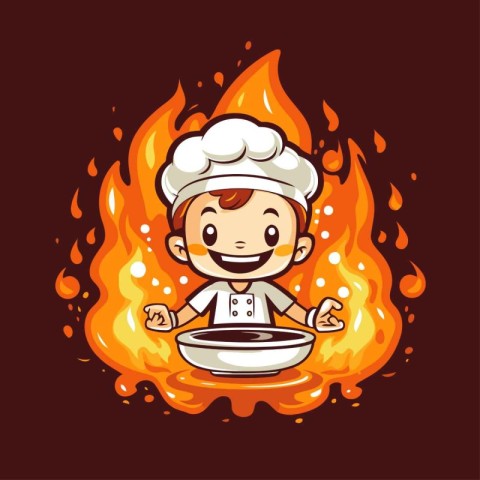 Chef cooking in the fire. Cartoon character. Vector illustration