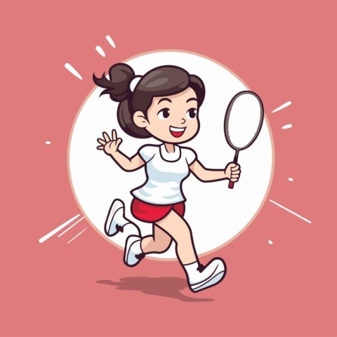 Girl playing badminton - Cartoon Vector Illustration. EPS10