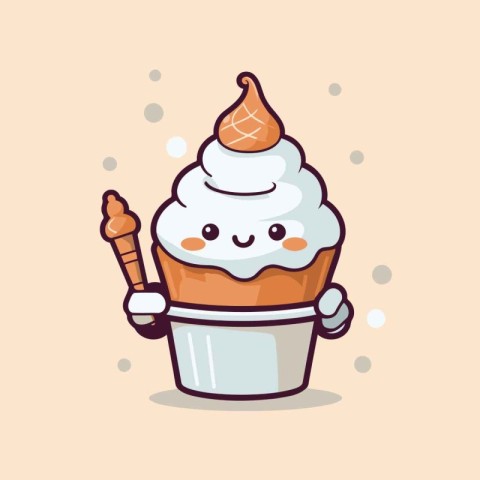 Cute cupcake character with ice cream. Cute cartoon vector illus