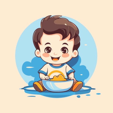 Cute little baby boy eating food. Vector illustration in cartoon