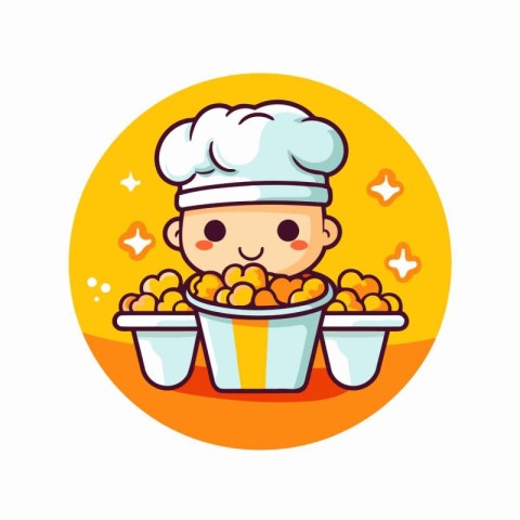 Cute chef boy with bucket full of popcorn. Vector illustration.