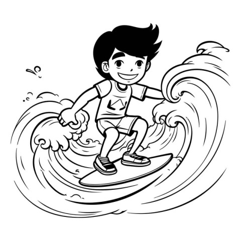 Boy surfing - black and white vector illustration. no gradients.