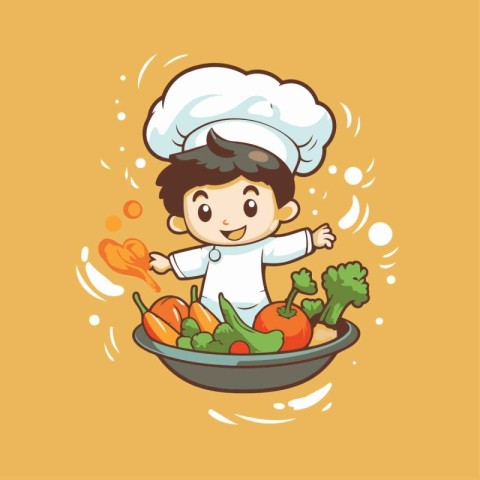 Cute chef boy with vegetables. Vector illustration in cartoon st