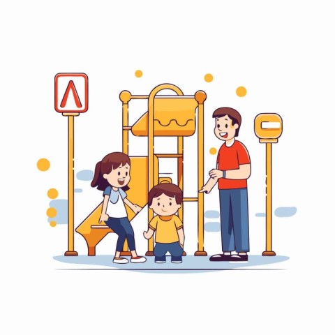 Happy family with children playing on playground. Flat style vec