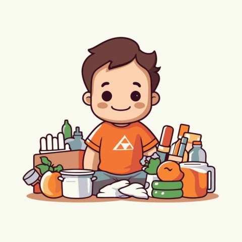 Cute little boy with a basket of food. Vector illustration.