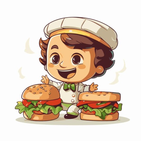 Vector illustration of a cute cartoon chef with hamburgers on wh