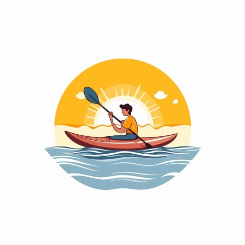 Kayaking man in kayak on the sea. Vector illustration.