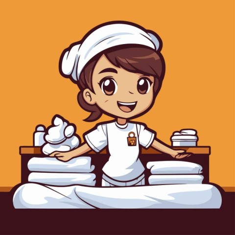 Cute cartoon chef in uniform and hat with stack of clean towels