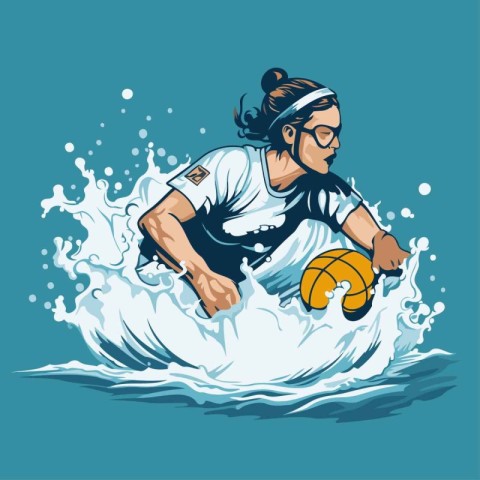 Water polo player with ball on the wave. Vector illustration.