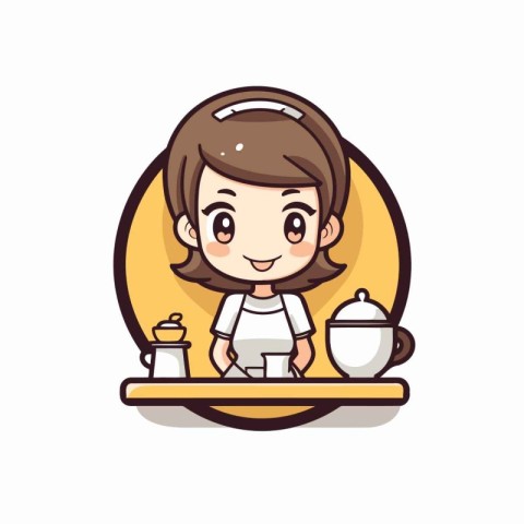 Cute little girl serving tea in plate cartoon vector illustratio