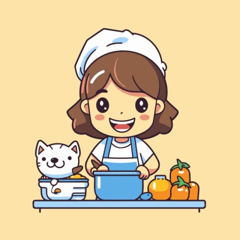 Cute little chef girl cooking in the kitchen. Vector illustratio