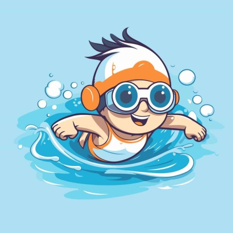 Swimming boy in a cap and glasses. Vector illustration of a cart