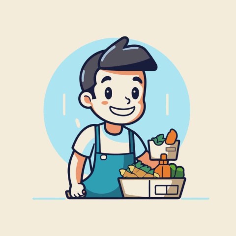 Cute man with a basket full of fresh vegetables. Vector illustra