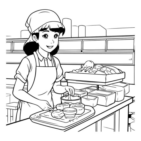 Black and white vector illustration of a female baker standing a