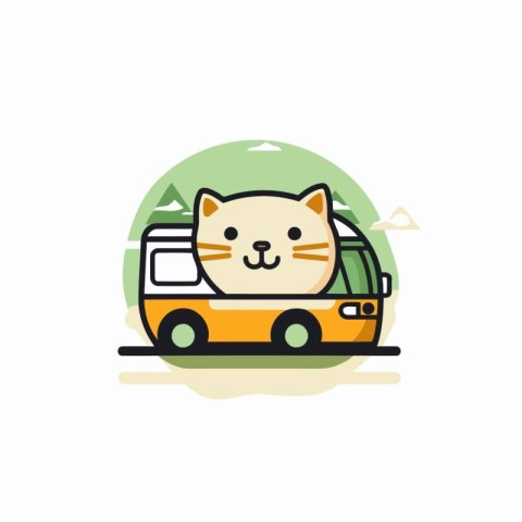 Cute cat with a bus. Vector illustration in flat style.