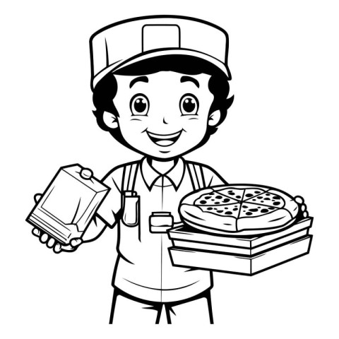 Black and White Cartoon Illustration of Pizza Delivery Boy Chara