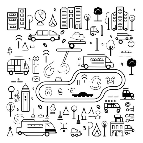 Line art city icons set. Vector illustration of urban traffic si