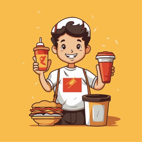 Handsome cartoon man with hamburger and drink vector illustratio