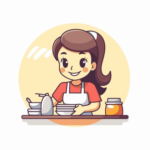 Cute little girl cooking in kitchen. Vector illustration in cart