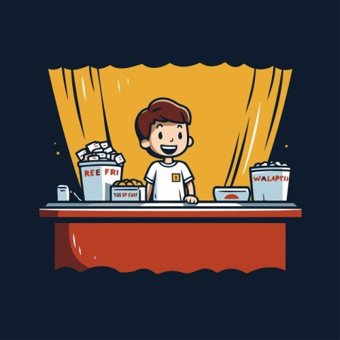 Cartoon vector illustration of a man eating popcorn at the bar.