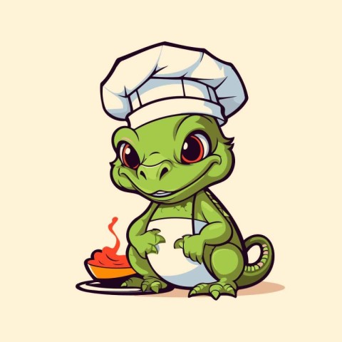 Cute cartoon baby crocodile in chef hat and apron with soup. Vec