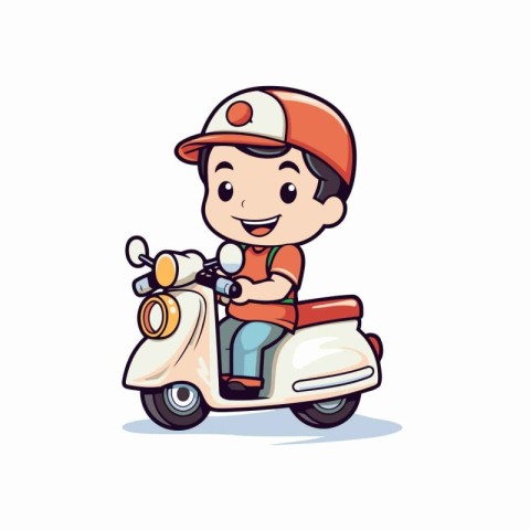 Cute cartoon boy riding a scooter. Vector illustration isolated