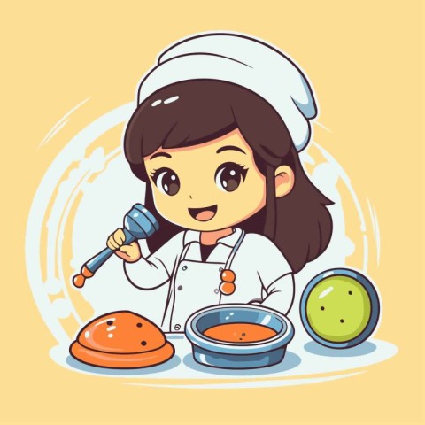 Cartoon chef girl cooking soup. Cute vector illustration in flat