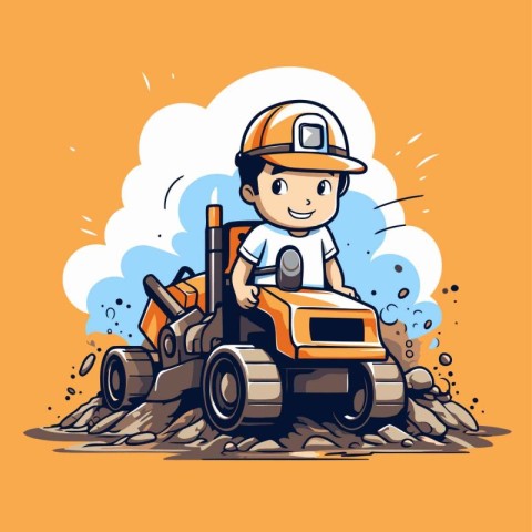 Cartoon illustration of a boy driving a tractor on a constructio