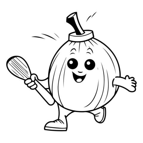 Black and White Cartoon Illustration of Cute Onion Character Mas