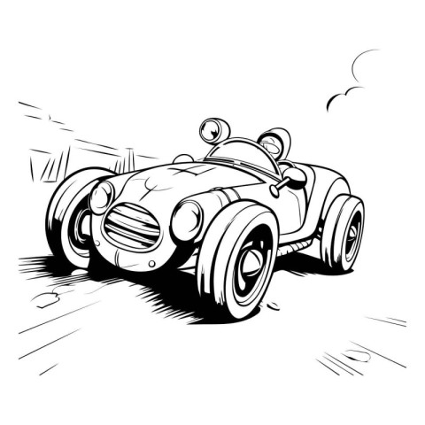 vintage race car on the road. black and white vector illustratio