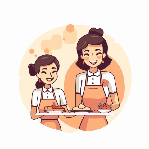 Mother and daughter cooking together. Vector illustration in a f