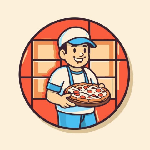 Pizza delivery man holding pizza. Vector illustration in cartoon