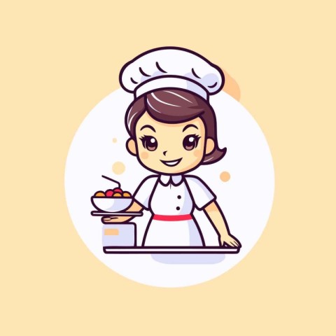 Cute little chef girl with bowl of cherry. Vector illustration.