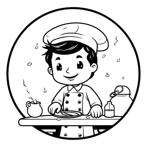 Black and white illustration of a boy in a chef's hat preparing