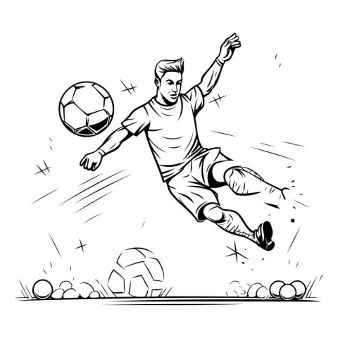 Soccer player kicking the ball. Black and white vector illustrat