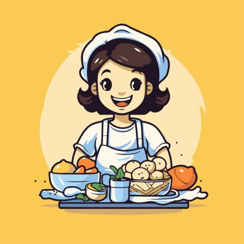 Cute little girl cooking healthy food cartoon vector illustratio