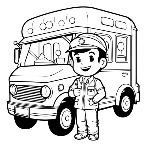 Black and White Cartoon Illustration of a School Bus Driver or K