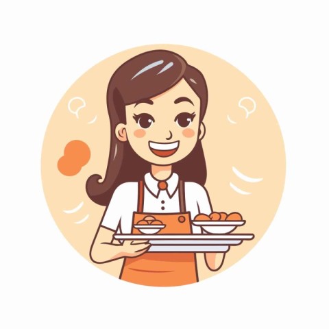 Smiling waitress holding a tray with cakes. Vector illustration