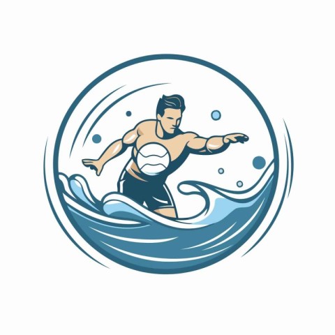 Water polo player with a ball on the wave. Vector illustration