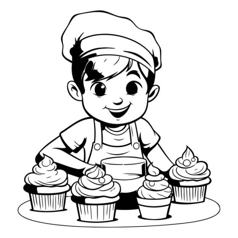 Cute chef boy with cupcakes black and white vector illustration