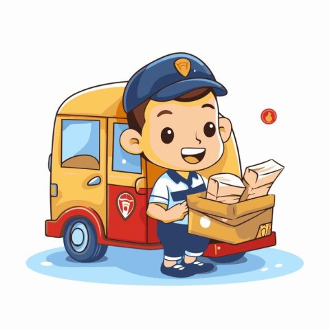 Cute cartoon delivery boy in uniform delivering boxes. Vector il