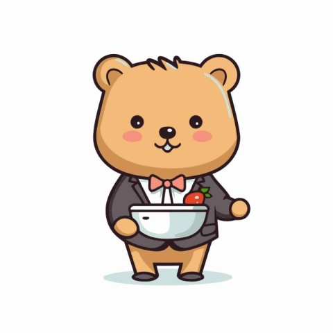 Cute hamster waiter character holding plate of food. Vector illu