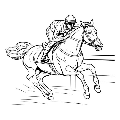 Jockey riding a race horse. black and white vector illustration.