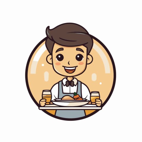 Illustration of a waiter serving a plate of food in a restaurant