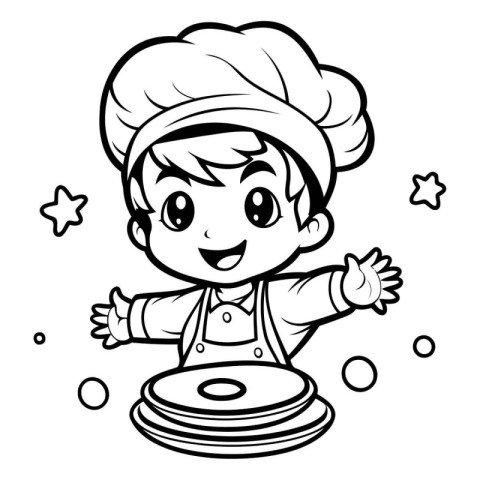 Black and White Cartoon Illustration of Cute Little Chef Boy Cha