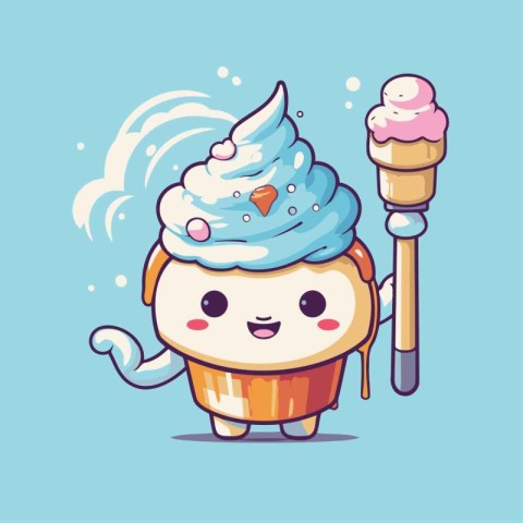 Cute cupcake with ice cream on blue background. Vector illustrat