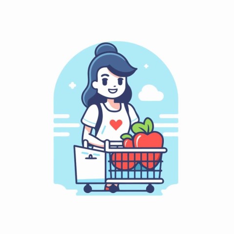 Cute girl with shopping cart and healthy food. Vector illustrati