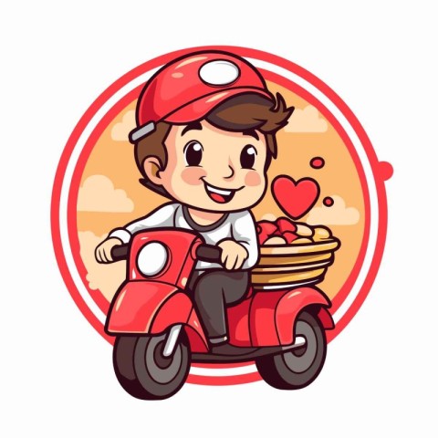 Illustration of a boy riding a scooter and carrying a basket of