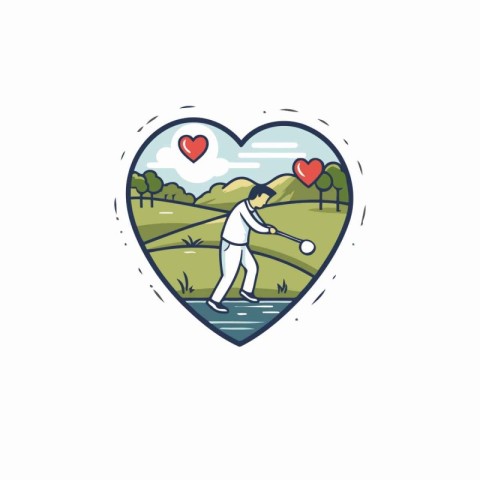 Golfer playing golf in heart shape vector line icon illustration